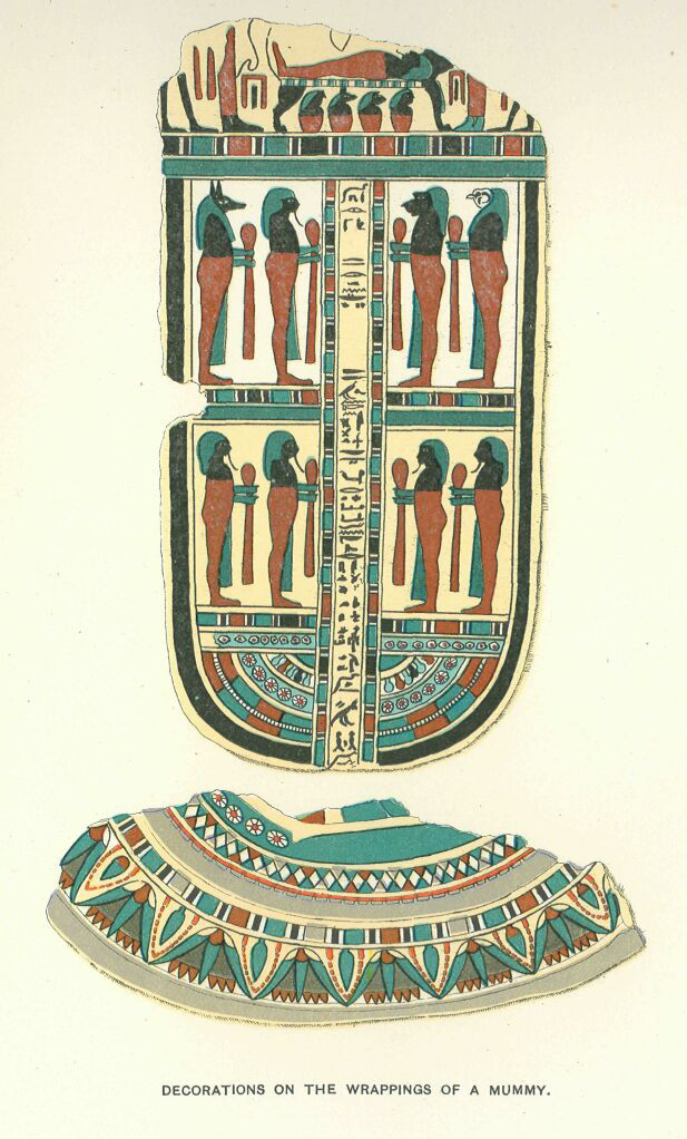 Ancient Egyptian mummy wrappings with embroidery