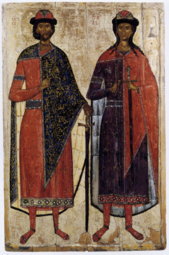 Icon of Saints Boris and Gleb with medieval embroidery details